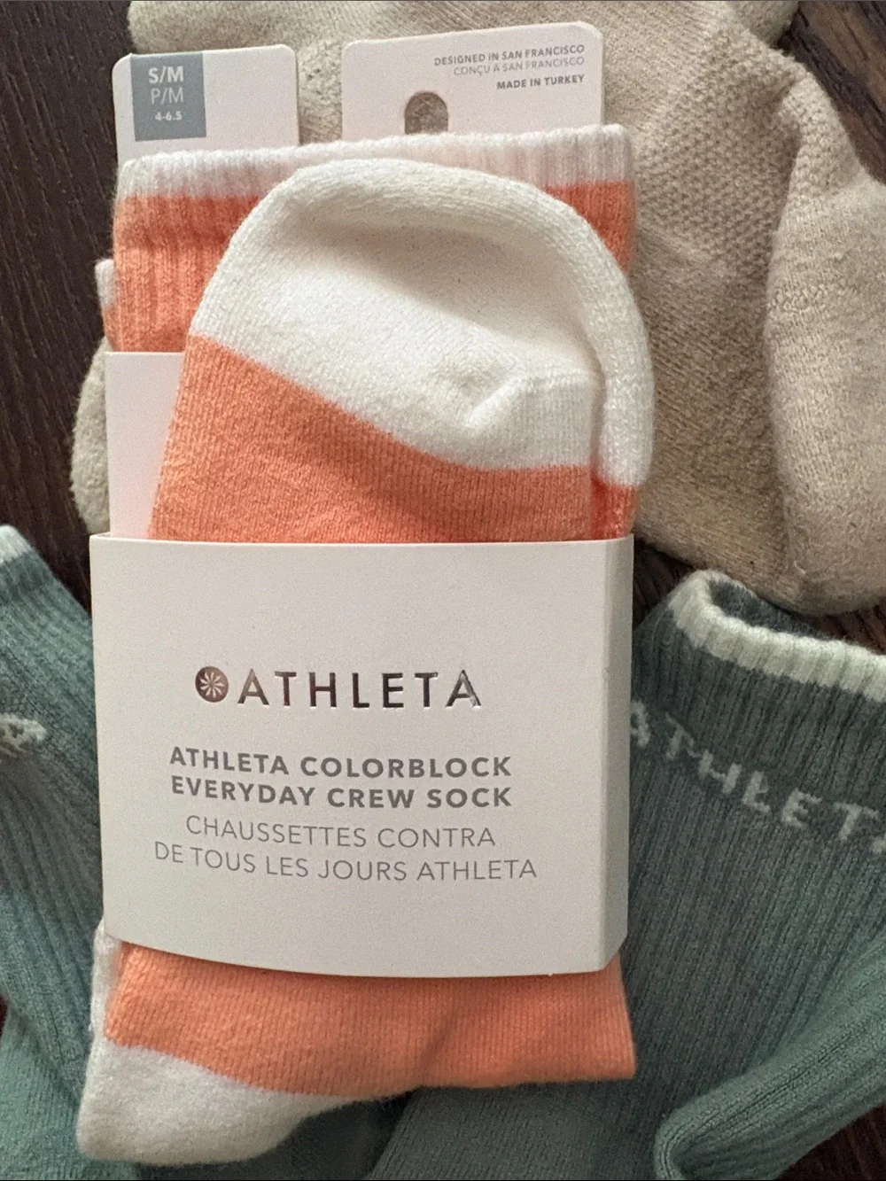 ATHLETA Colorblock Cotton Crew Socks Trio — Cream, Sage, Coral Size: Small